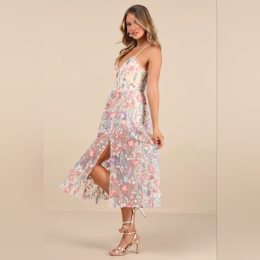 Lulus Mahryn Beige 3D Floral Embroidered Midi Bodysuit Dress XL Wedding Party - Picture 3 of 12